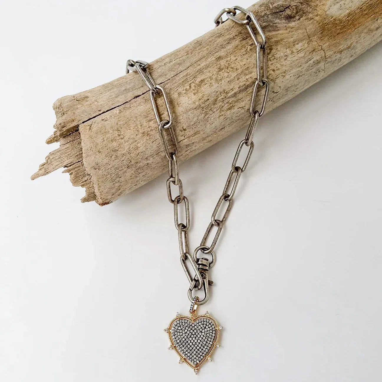 18" XL Studded Pave Heart Necklace
