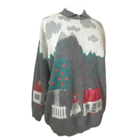 Little cottage and apple trees novelty knit vintage 1980s free size cosy jumper