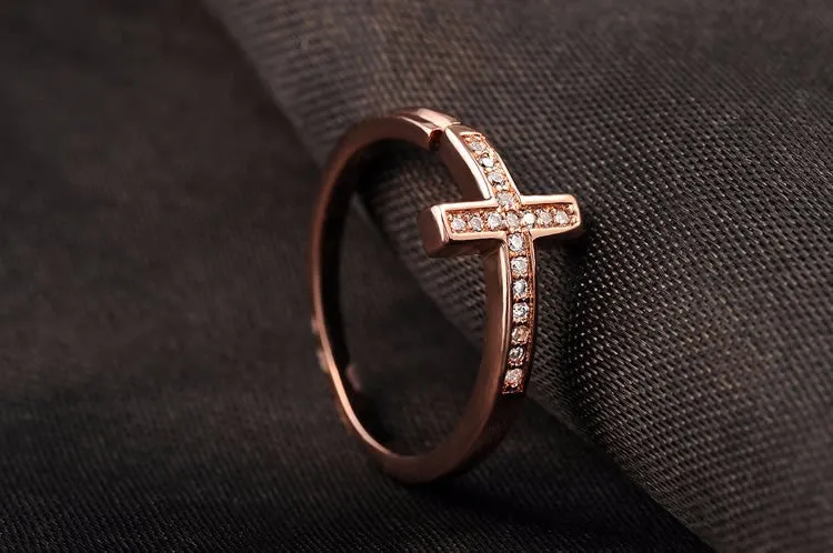 Rose Gold Plated Fashion Opening Cross Ring with Zircon Crystal Female Jewelry