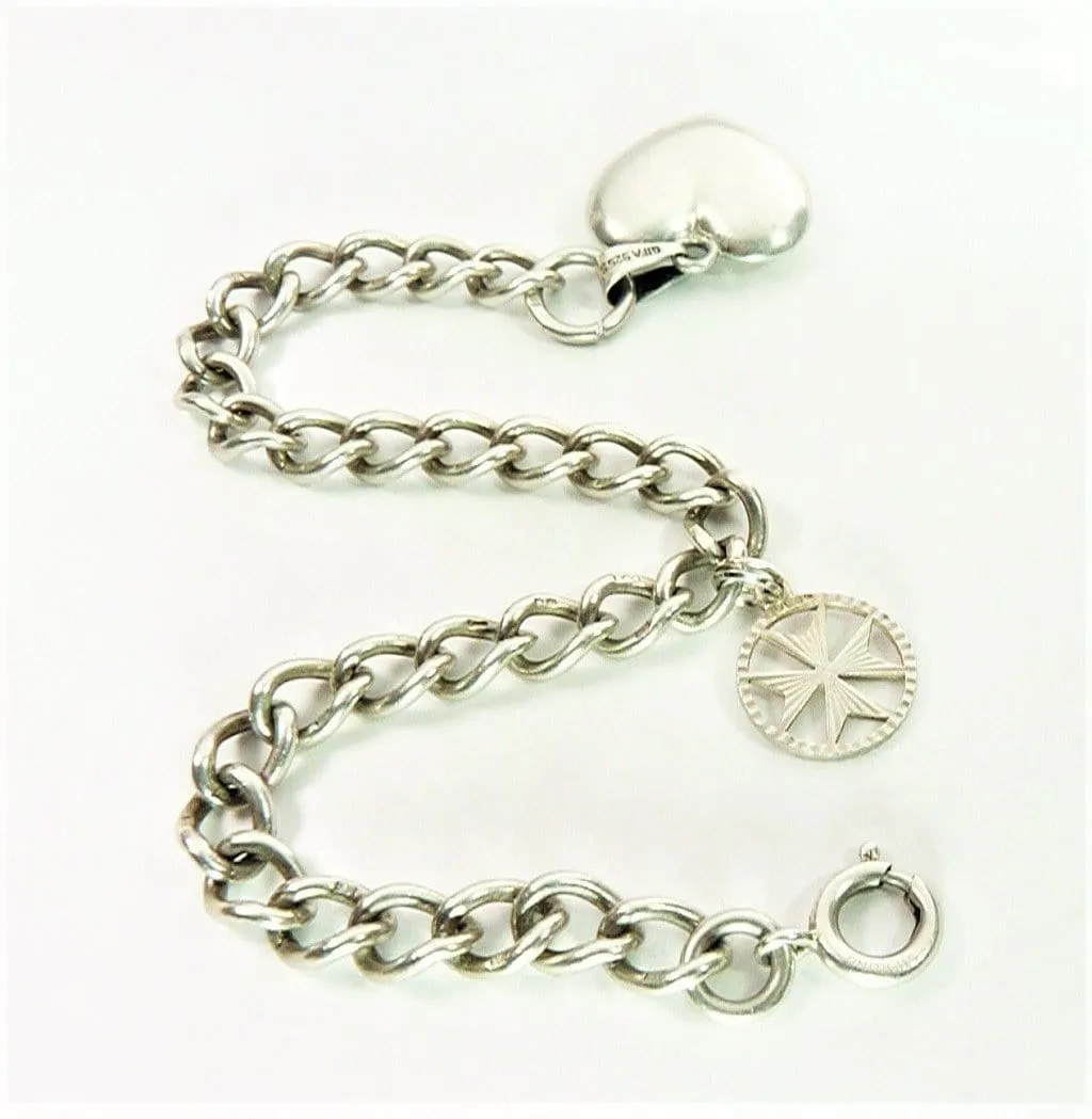 Vintage Sterling Silver Curb Bracelet With Heart And Maltese Cross Lucky Charms 1972