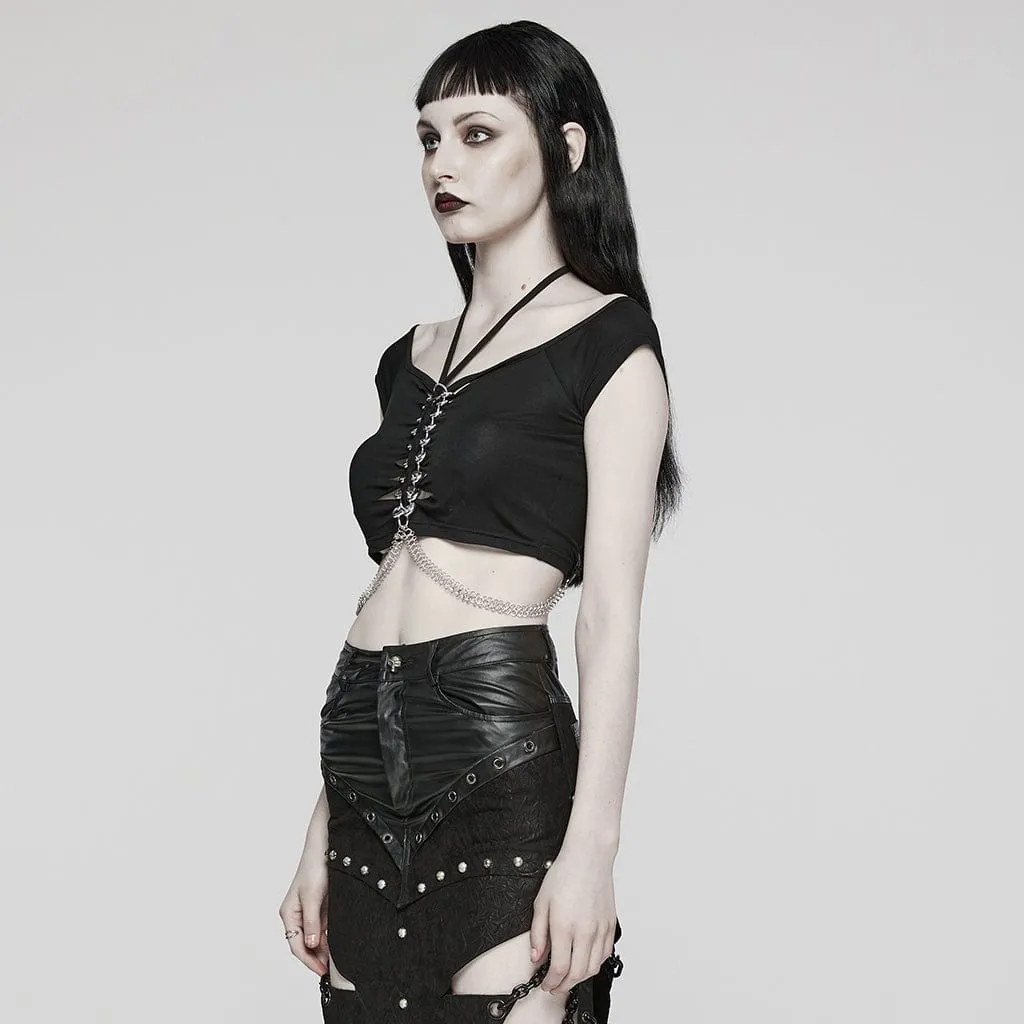 Women's Punk Cutout Ring Chain Short Sleeved Crop Top