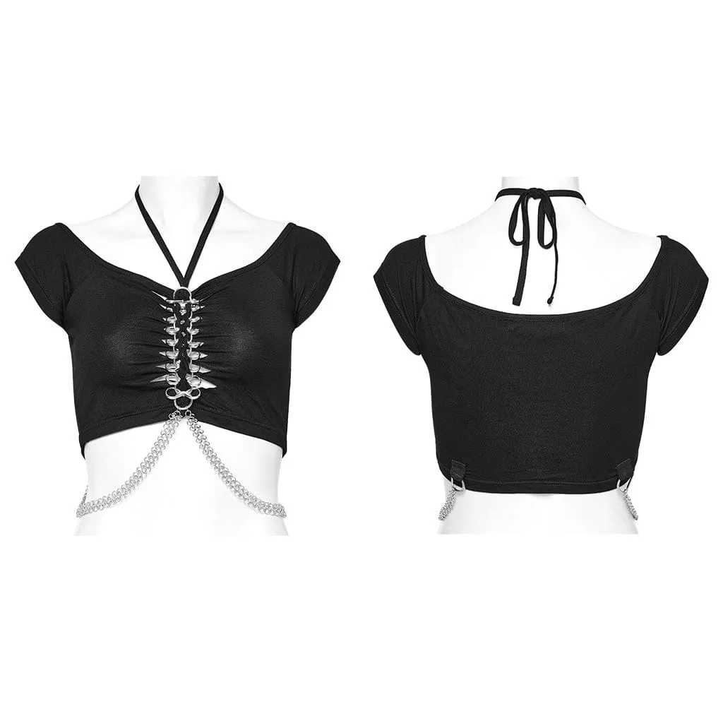 Women's Punk Cutout Ring Chain Short Sleeved Crop Top