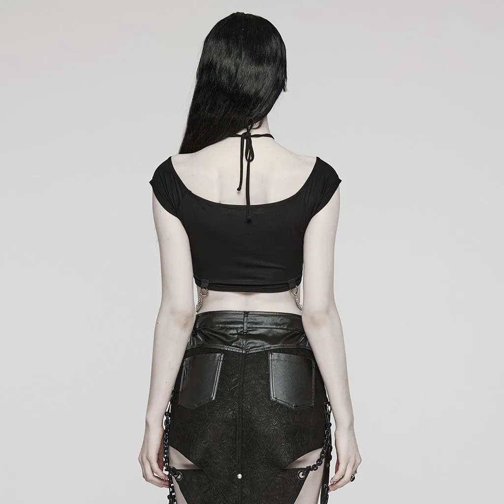 Women's Punk Cutout Ring Chain Short Sleeved Crop Top